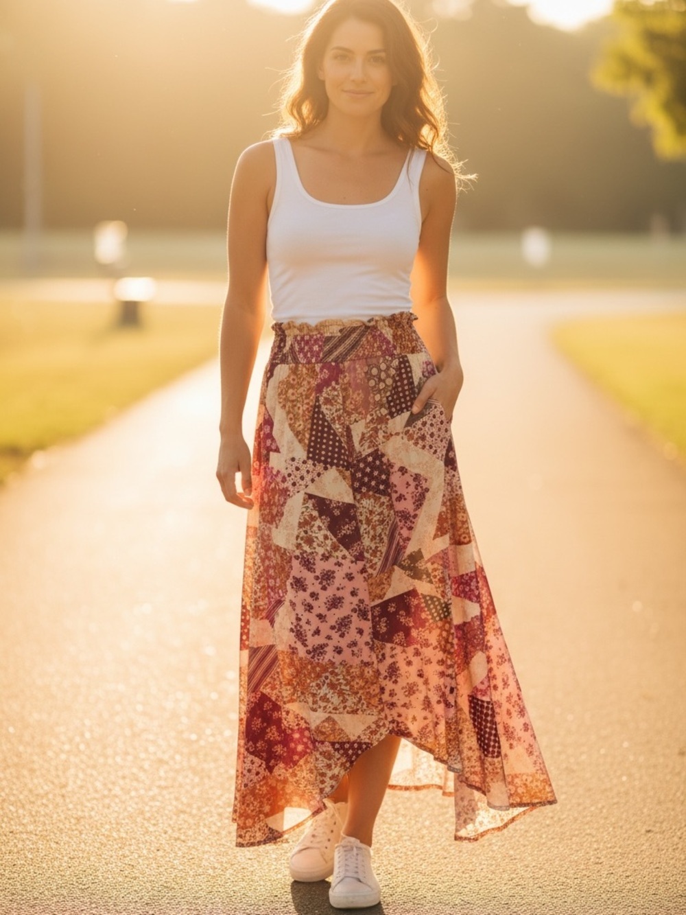 Patchwork Boho High-Low Maxi Skirt - Pink/Red/Cream/brown/Green Multi